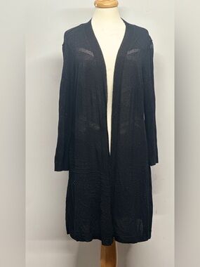 Chico’s Size 2 Black Metallic Open Knit Long Cardigan Duster